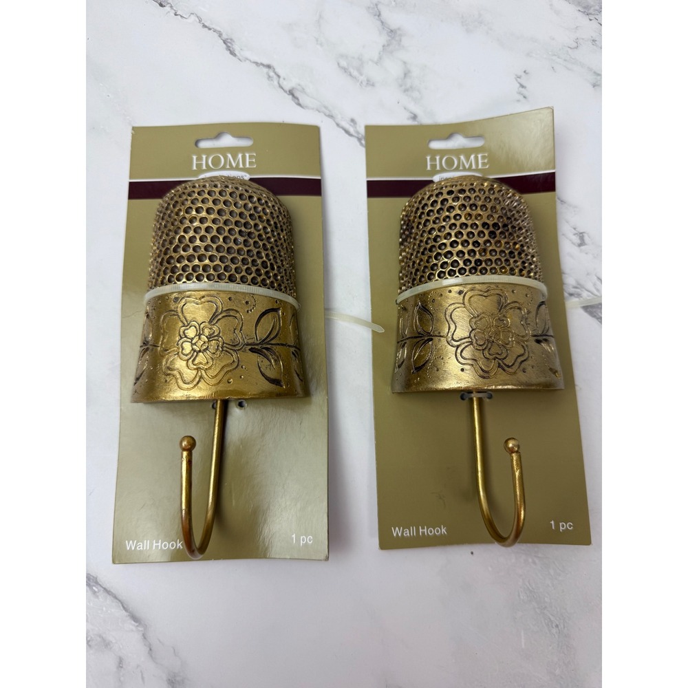 Midcentury Modern 2 Pcs Vintage Sewing Thimble Wall Hook Decor Gold